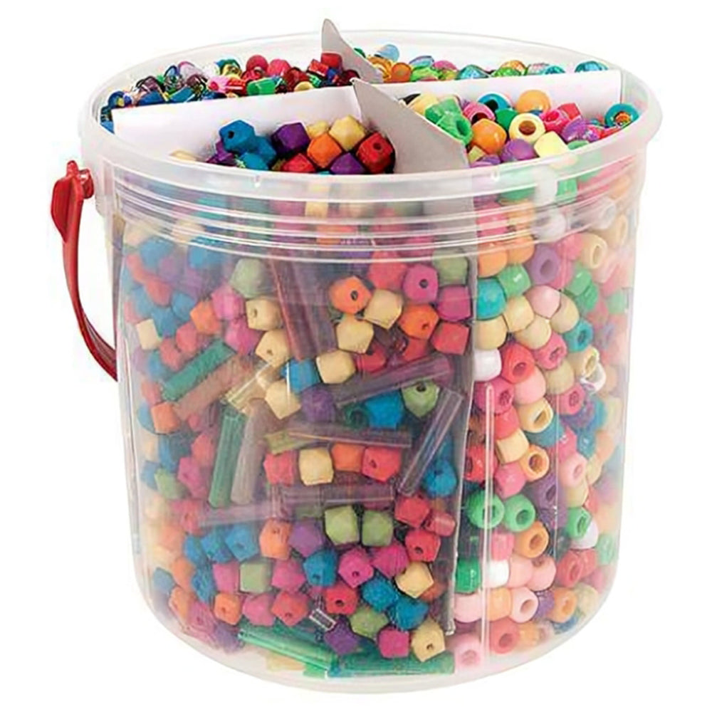 Large divided storage tub filled with vibrant assorted plastic beads in multiple colours, shapes, and finishes suitable for classroom and home craft use.