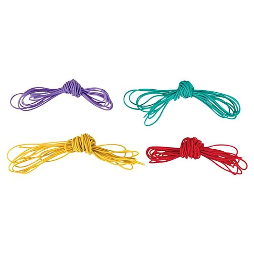 Four brightly coloured threading cords in purple, teal, yellow, and red displayed neatly for jewellery making and bead threading craft activities.