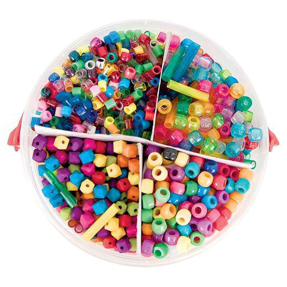 Top view of the organised plastic bead assortment featuring transparent, solid, and geometric bead styles stored in separate compartments for easy crafting access.