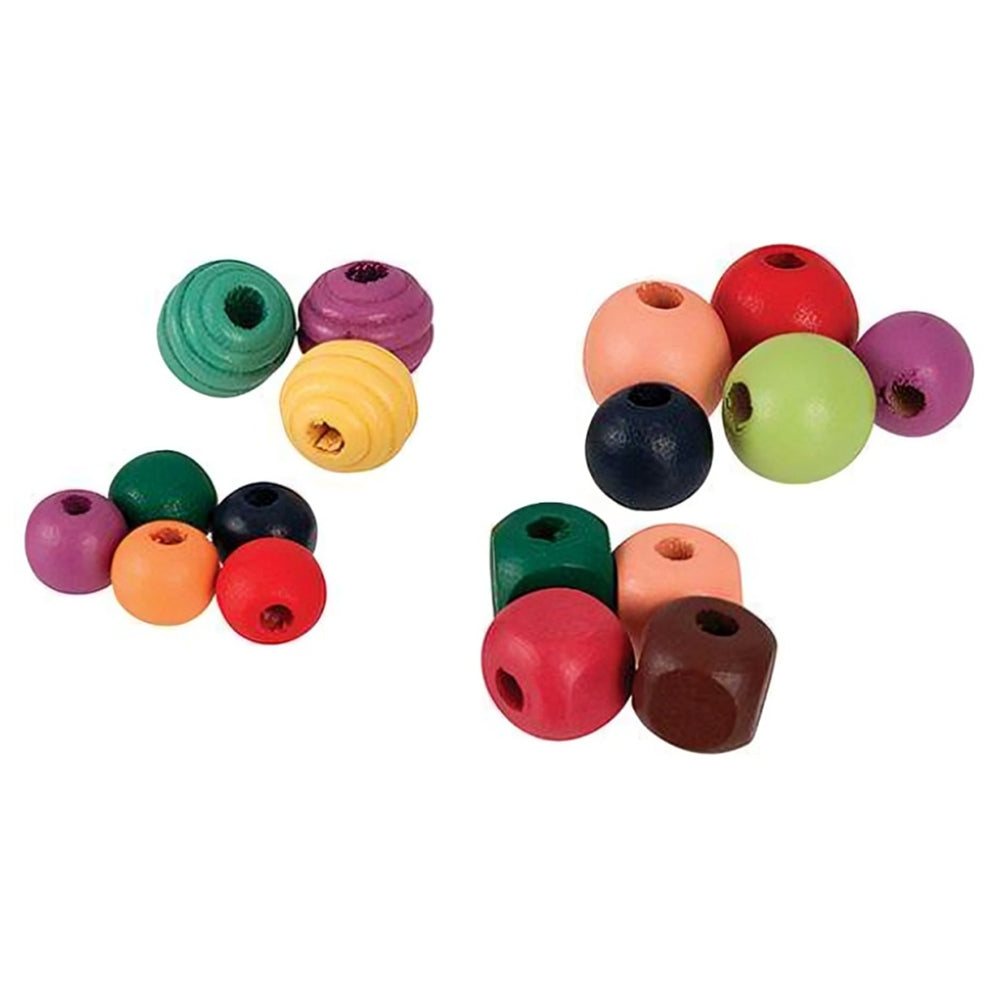 Assorted wooden beads featuring smooth round and textured shapes in vibrant colours including green, red, yellow, peach, purple, and black for creative arts and crafts.