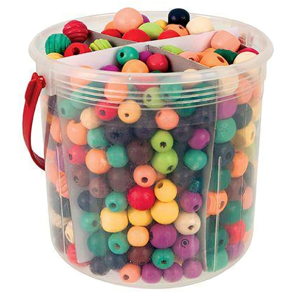 Large reusable plastic storage tub filled with colourful wooden beads separated into compartments for organised classroom and home craft storage.