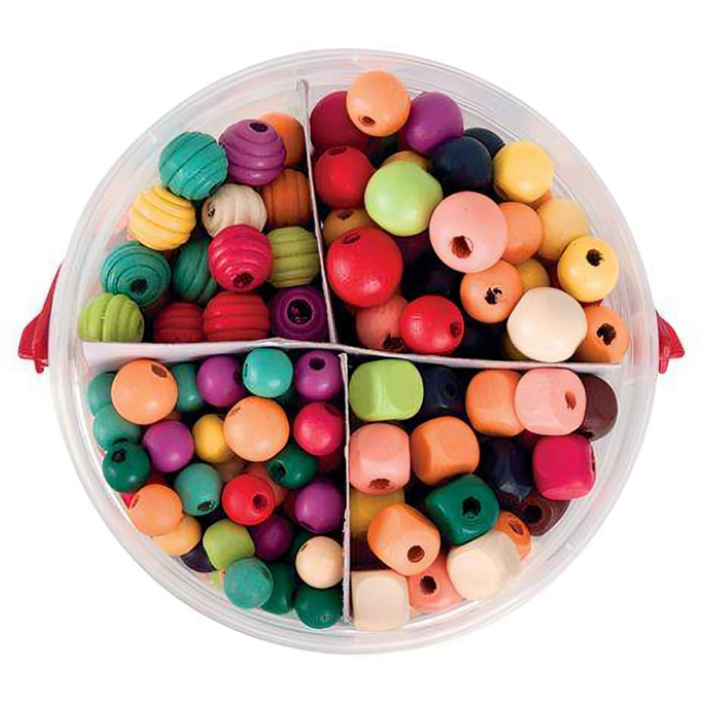 Top view of the organised wooden bead assortment showing multiple compartments filled with brightly coloured beads in different shapes and finishes for threading and jewellery activities.