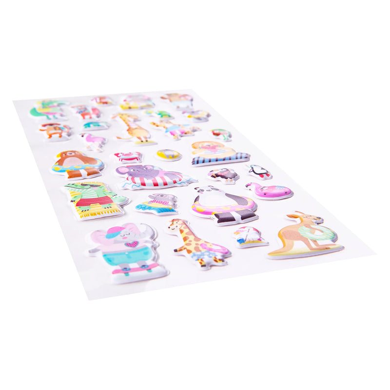 Angled close up of the Beach Buddies sticker sheet highlighting the raised puffy construction and colourful animal illustrations. The dimensional design adds texture and visual interest to creative projects.