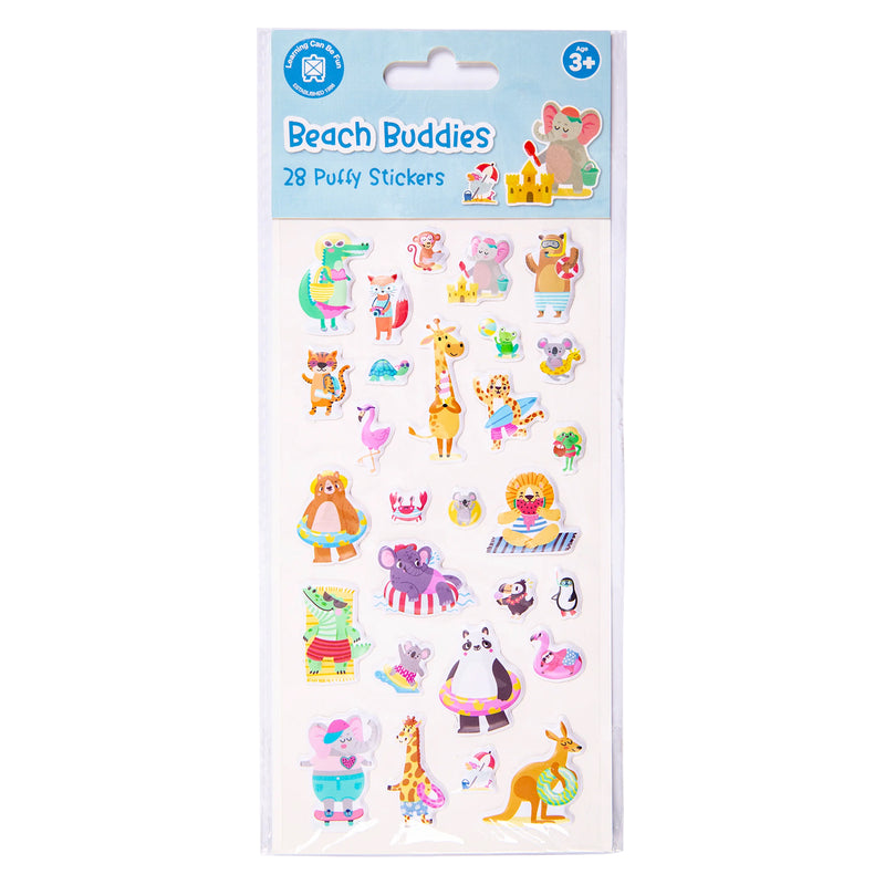 Retail packaging of the Learning Can Be Fun Beach Buddies Puffy Sticker Set containing 28 raised stickers. The package showcases the colourful animal themed collection designed for crafts, decorating and creative play.