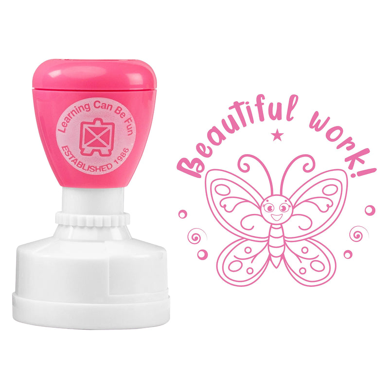 Close up product image featuring the Beautiful Work merit stamp alongside its detailed butterfly artwork. The large 36mm design delivers clear and engaging feedback for everyday classroom use.