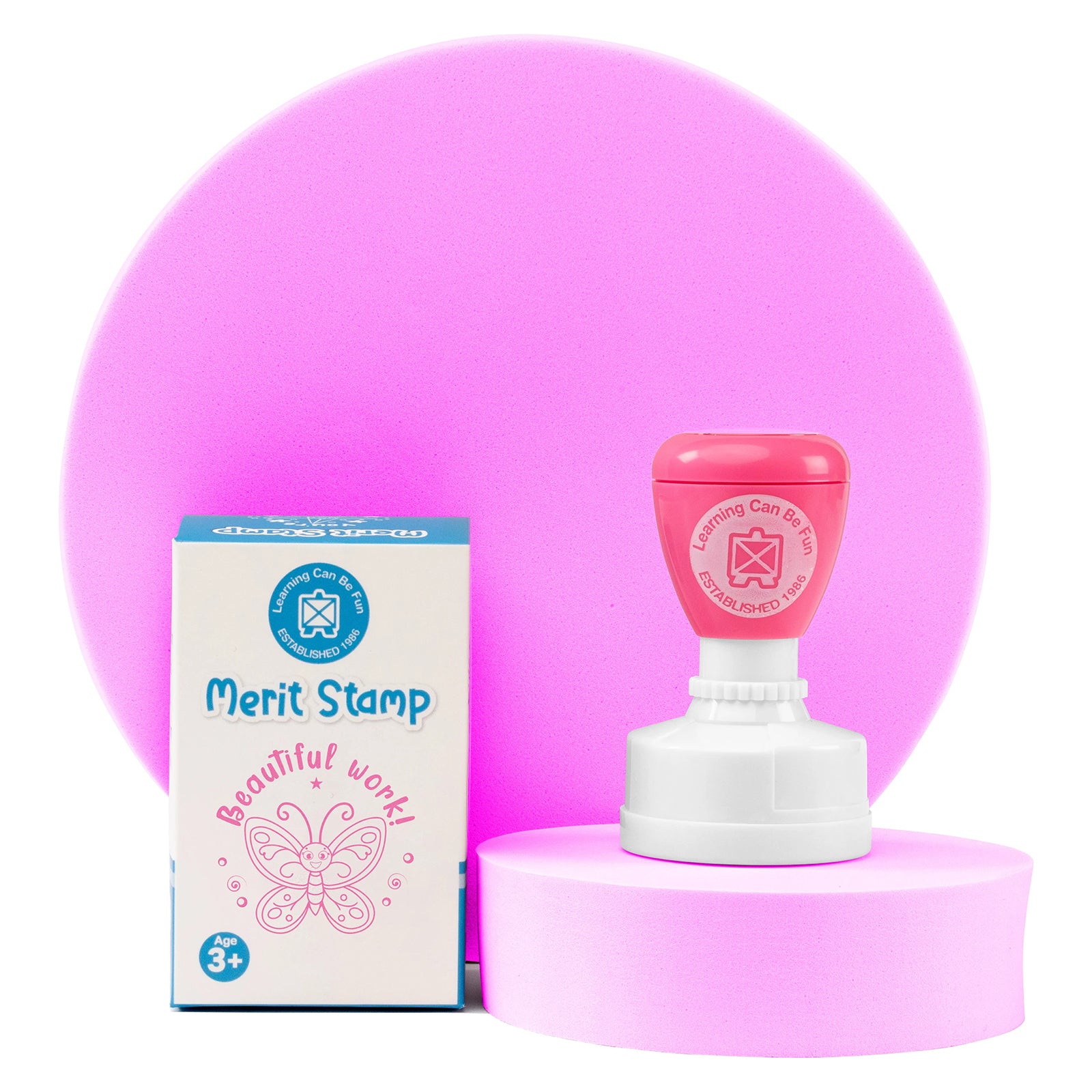 Retail packaging and Beautiful Work self inking merit stamp displayed together on a presentation stand. The butterfly themed reward stamp is designed to motivate learners and celebrate exceptional classroom performance.