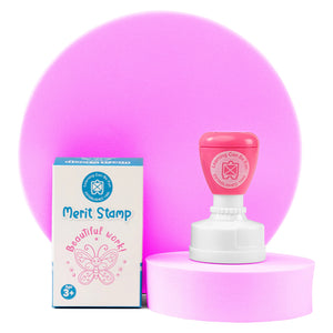 Retail packaging and Beautiful Work self inking merit stamp displayed together on a presentation stand. The butterfly themed reward stamp is designed to motivate learners and celebrate exceptional classroom performance.