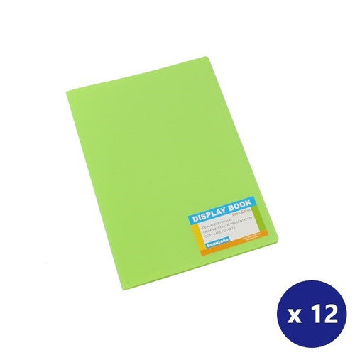 Beautone A4 lime green display book with flexible polypropylene cover and 20 fixed archive-safe pockets
