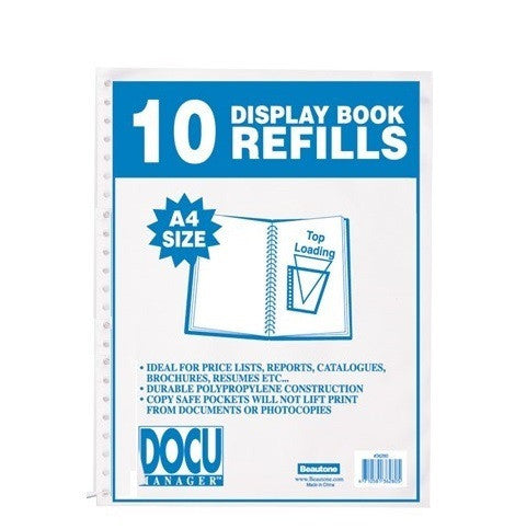 Beautone A4 clear polypropylene display book refill pockets, pack of 10