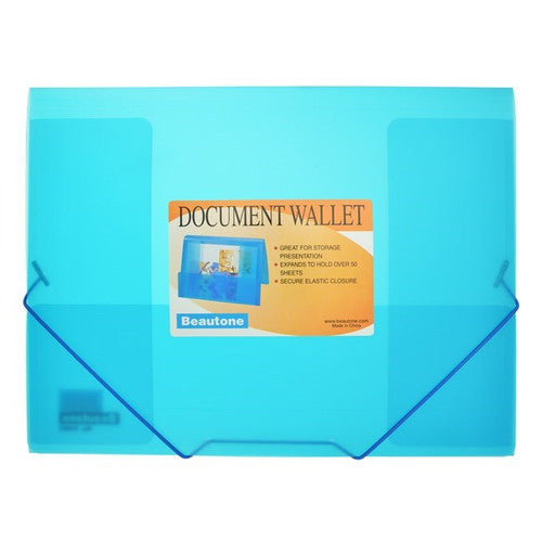 Beautone Cool Frost A4 document wallet in blue with elastic closure, polypropylene construction, box of 24