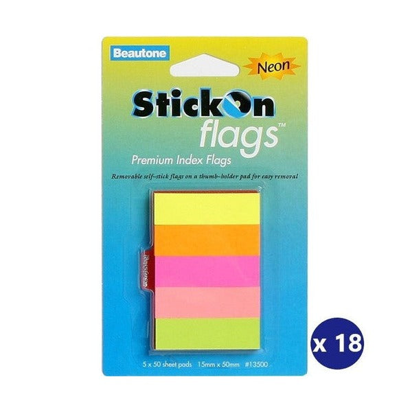 Beautone 15mm x 50mm neon assorted stick on flags box of 18 packs with 5 pads of 50 sheets each