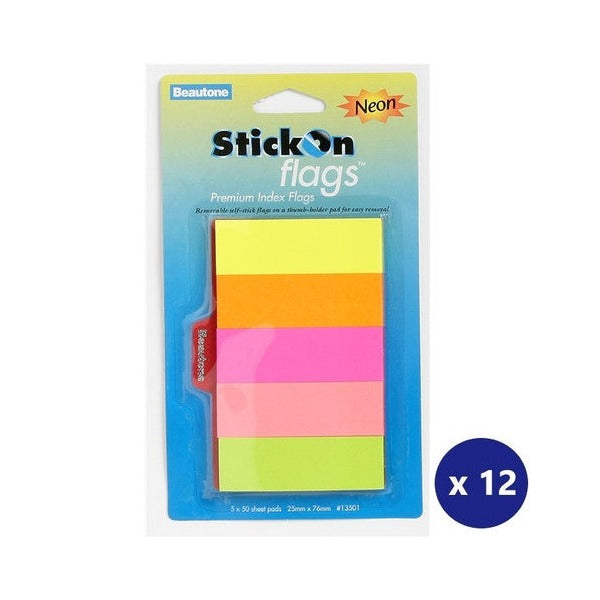 Beautone stick on flags 25mm x 76mm in neon assorted colours, box of 12 sets with 5 pads of 50 sheets