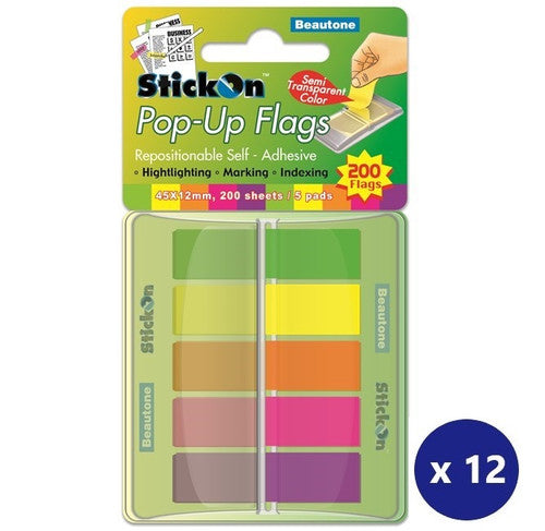 Beautone pop-up stick on flags 45x12mm in assorted colours, 5 pads of 40 sheets, box of 12