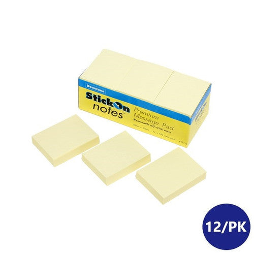 Beautone yellow stick on notes 38mm x 50mm, pack of 12 pads each containing 100 sheets