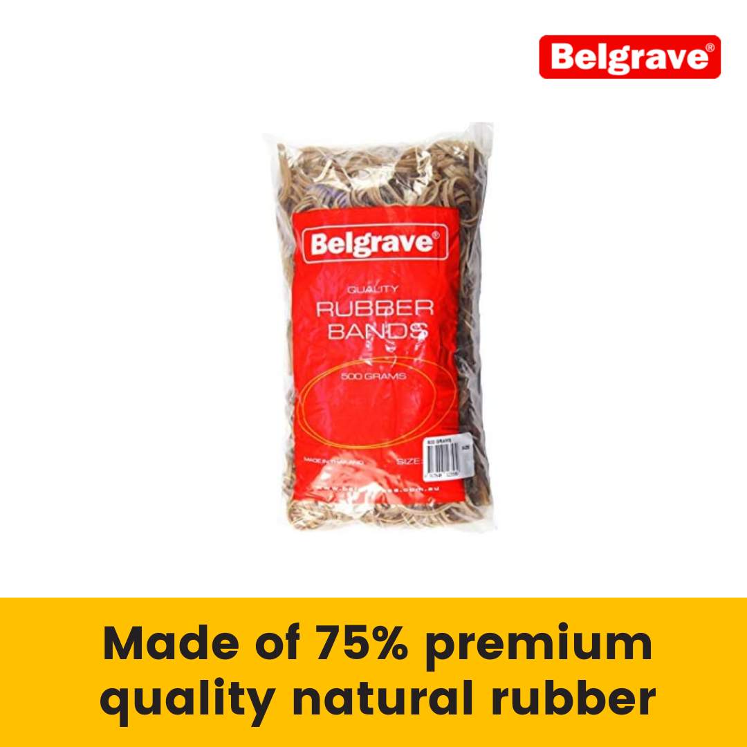 Belgrave tile showing a 500g bag of brown rubber bands under a yellow banner reading Made of 75% premium quality natural rubber