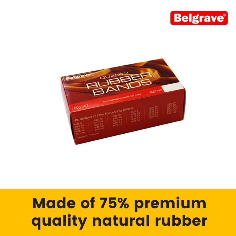 Belgrave tile of a red 100g rubber band box with a yellow banner reading Made of 75% premium quality natural rubber