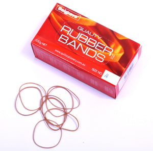 Red Belgrave Quality Rubber Bands 100g box with Size No. 16 written in the end panel and loose brown rubber bands laid out in front
