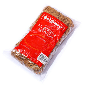 Belgrave Size 16 500g bag of brown rubber bands, red Quality Rubber Bands label and a white sticker with the barcode, 500 Grams and Size 16