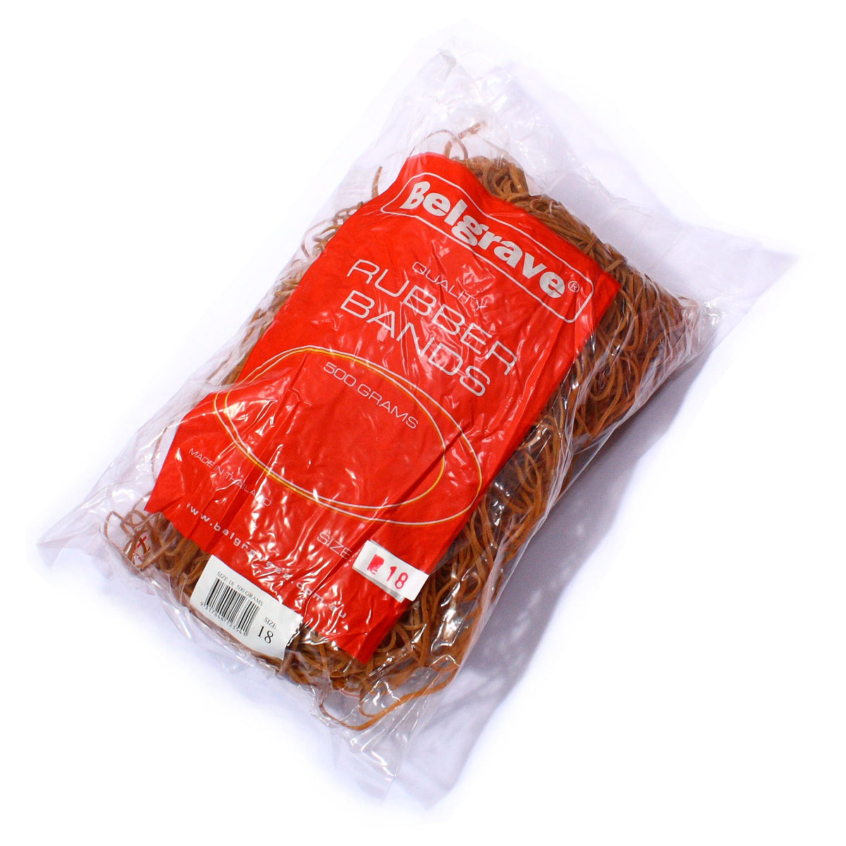Belgrave Size 18 500g bag of brown rubber bands lying at an angle, pink Size 18 sticker on the red label and a white label reading Size 18 500 Grams