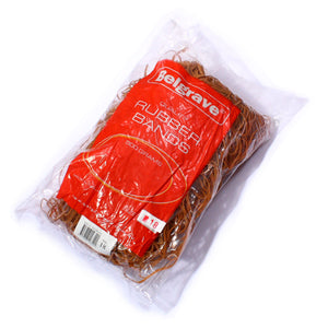 Belgrave Size 18 500g bag of brown rubber bands lying at an angle, pink Size 18 sticker on the red label and a white label reading Size 18 500 Grams