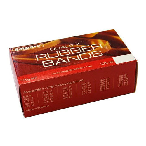 Red Belgrave Quality Rubber Bands 100g box with a blank Size No. panel and a side panel listing the band sizes in the range