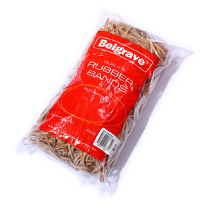 Belgrave 100851976 clear 500g bag of natural brown rubber bands with a red Quality Rubber Bands label and a white sticker reading 500 GRAMS and SIZE 33 above the barcode