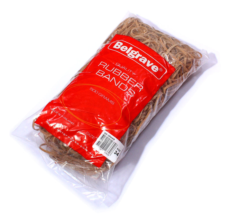 Belgrave 100851977 plastic bag of natural brown rubber bands with a red Quality Rubber Bands 500 GRAMS label and a barcode sticker marked Size 34