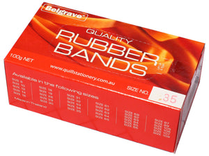 Belgrave 100851978 red 100g rubber band box with Quality Rubber Bands on the lid, lift up and tear panel and the Size No. panel stamped 35
