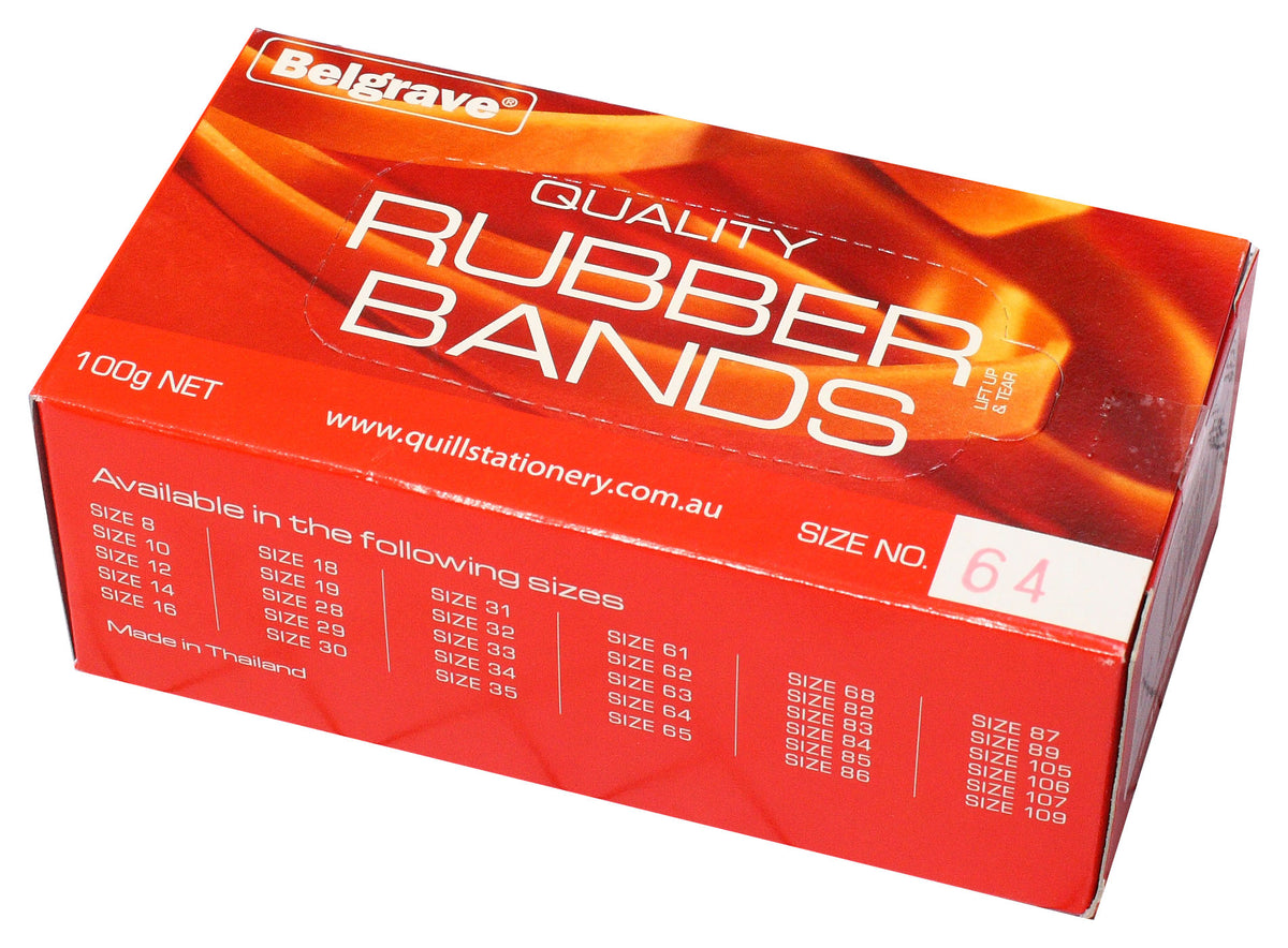 Belgrave 100851981 red 100g rubber band box with Quality Rubber Bands on the lid, a lift up and tear panel and SIZE NO. 64 stamped on the side