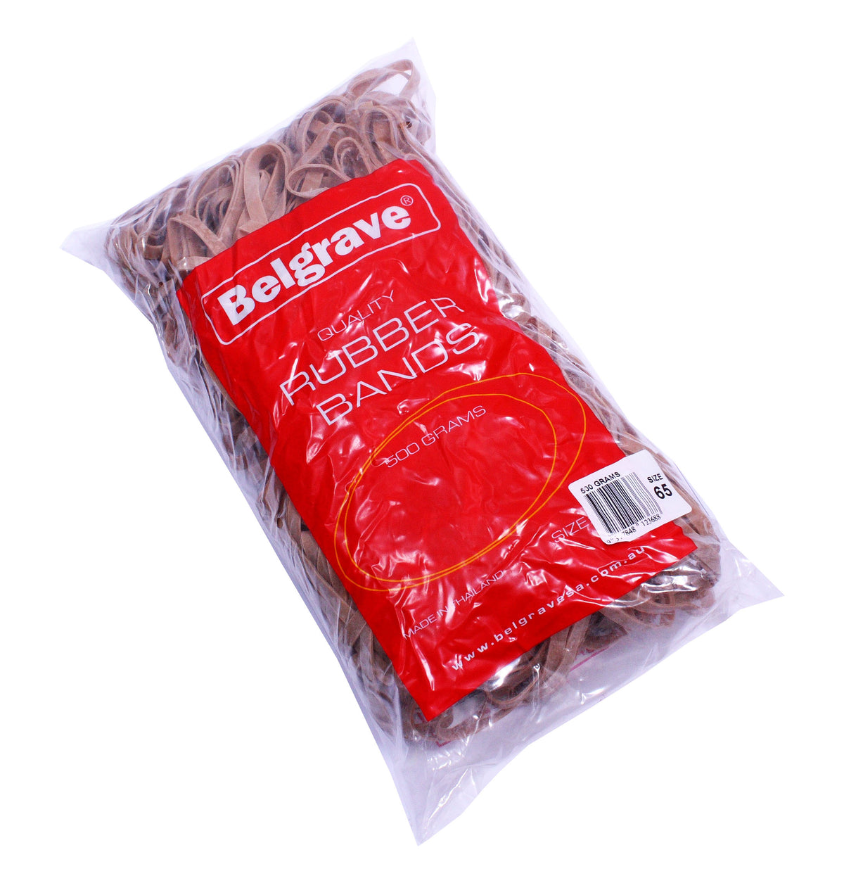 Belgrave 100851983 clear 500g bag of brown rubber bands with a red Quality Rubber Bands label and a white barcode sticker marked Size 65