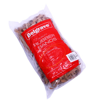 Belgrave 100851984 clear bag of long flat brown rubber bands with a red Quality Rubber Bands 500 GRAMS label and a Size 68 barcode sticker