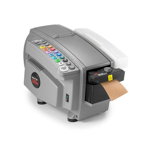 Better Pack 555e series electric water-activated tape dispenser in grey with colour coded preset keypad, white water bottle and brown kraft tape feeding from the front, Better Packages product photograph