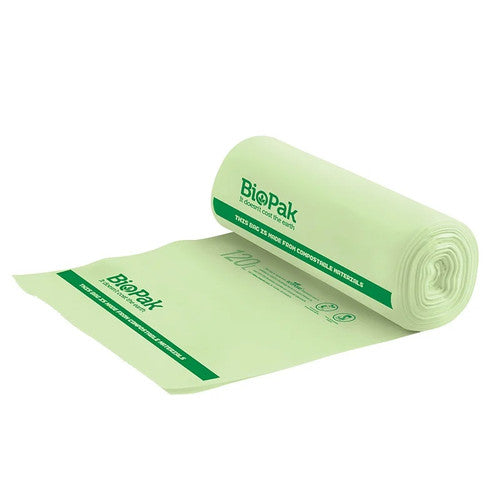 BioPak 120L compostable bin liners carton containing 12 rolls of 12 liners on white background