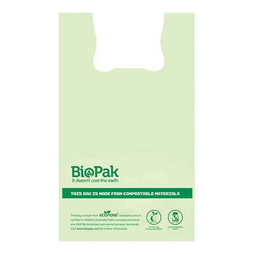 BioPak 25L compostable bin liners with handles in a pack of 100, made from Ecopond bioplastic