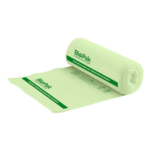 BioPak 80L compostable bin liner roll showing Ecopond bioplastic material and packaging on white background