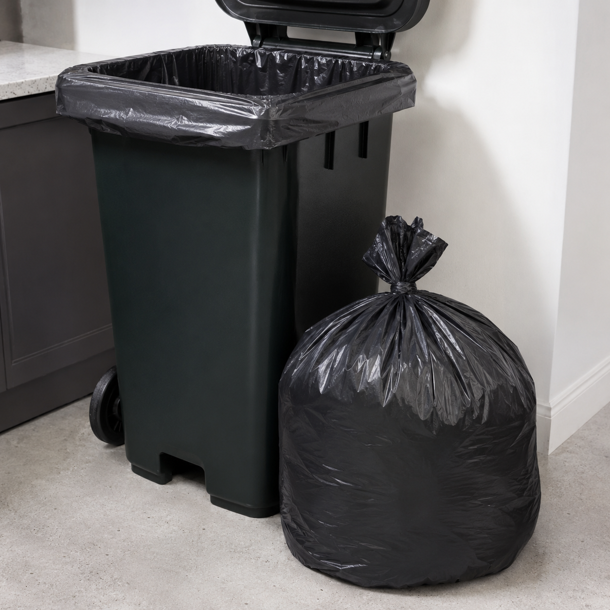 Black heavy duty bin liner fitted neatly inside a large wheeled rubbish bin in a clean indoor utility space, with a tied black waste bag beside it.