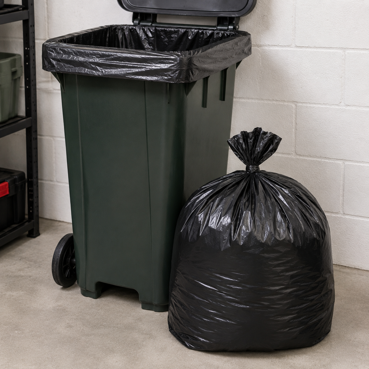 Black heavy duty bin liner shown in a large wheeled rubbish bin in a garage-style storage area, with a full tied waste bag ready for disposal.
