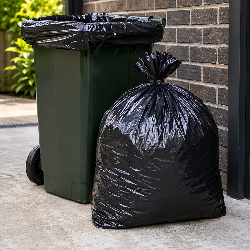 Black heavy duty bin liner used in an outdoor wheeled rubbish bin beside a brick wall, with a tied black waste bag on a concrete driveway.