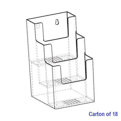 Blueprint clear three tier DL brochure holder, front view, with compact stacked pockets for leaflet display, supplied in a carton of 18