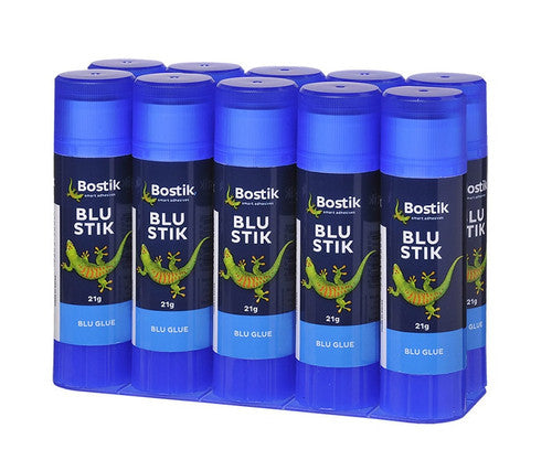 Bostik Blu Stik 21g glue sticks - display pack of 10, blue and white packaging