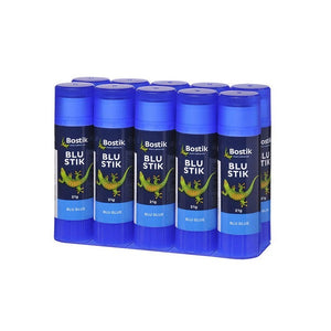 Bostik Blu Stik glue sticks, 21g each, standing in two rows in a clear display tray, with blue caps and a green gecko on every label