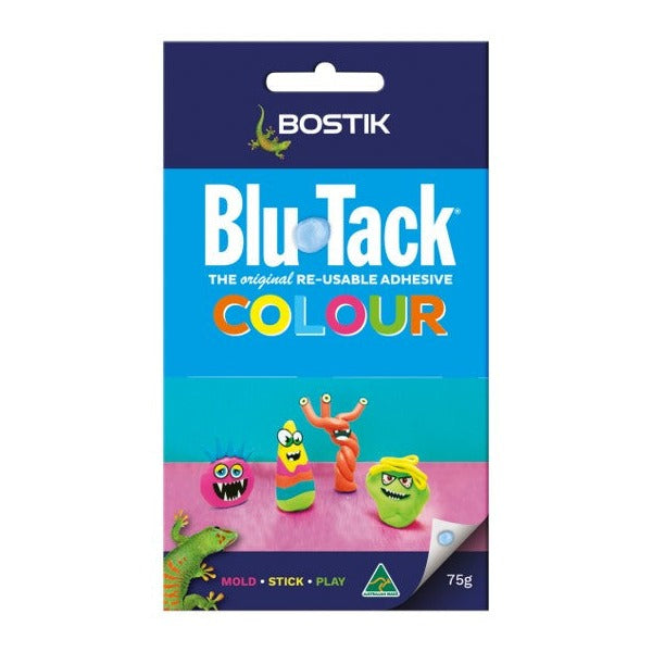 Current Bostik Blu Tack Colour 75g pack with the rainbow COLOUR logo, putty monster models and MOLD STICK PLAY printed at the bottom