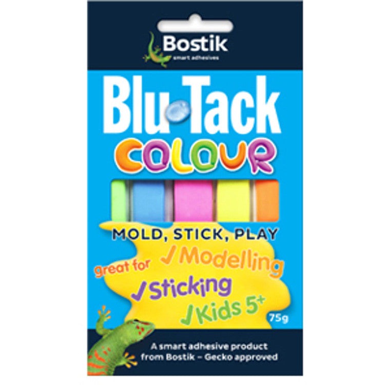 Earlier Blu Tack Colour 75g pack showing five putty strips in green, sky blue, pink, yellow and orange