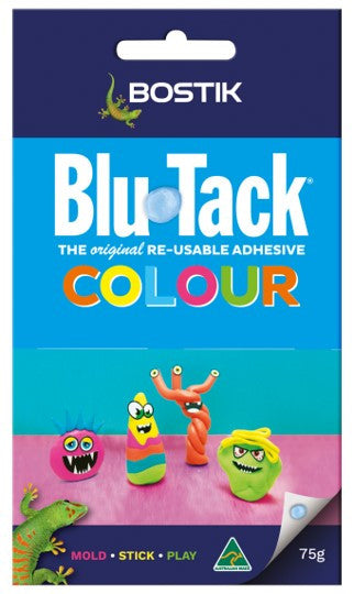 Box of 10 Bostik Blu Tack Colour 75g packs arranged to show retail carton packaging with individual colour strip packs visible, suitable for classroom or office bulk stationery supply