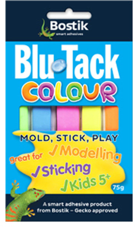Front view of Bostik Blu Tack Colour reusable adhesive putty pack showing five assorted colour strips in orange, green, pink, blue and yellow fanned out from the 75g retail packaging against a white background