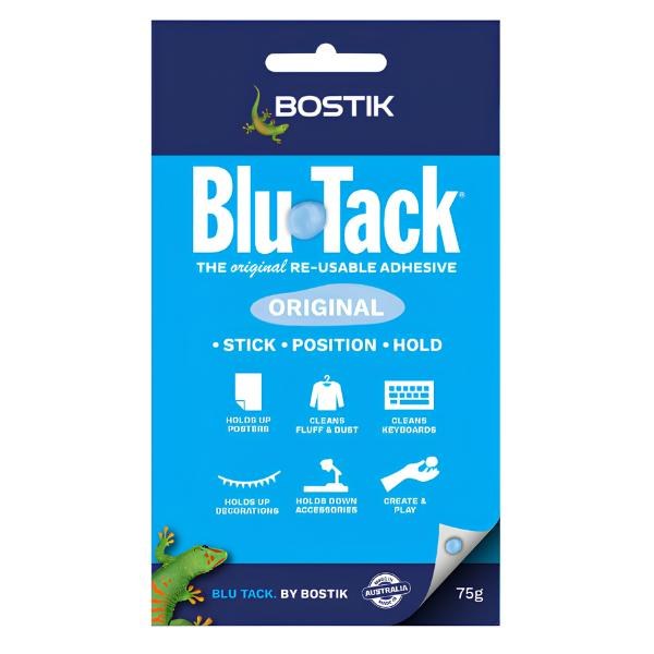 Current Bostik Blu Tack Original 75g pack listing uses such as holding posters, decorations and accessories, cleaning fluff and keyboards