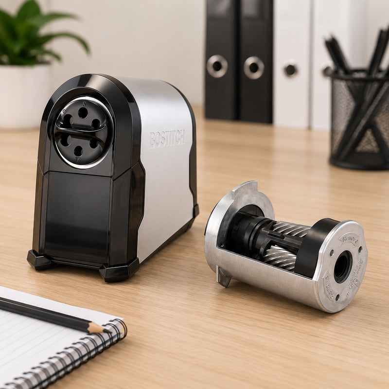 Office desktop scene displaying the Bostitch SuperPro Glow Commercial Electric Pencil Sharpener beside the removed EPS14K cutter head. The image demonstrates compatibility with the sharpener while showcasing the premium die cast metal construction and precision cutting assembly.