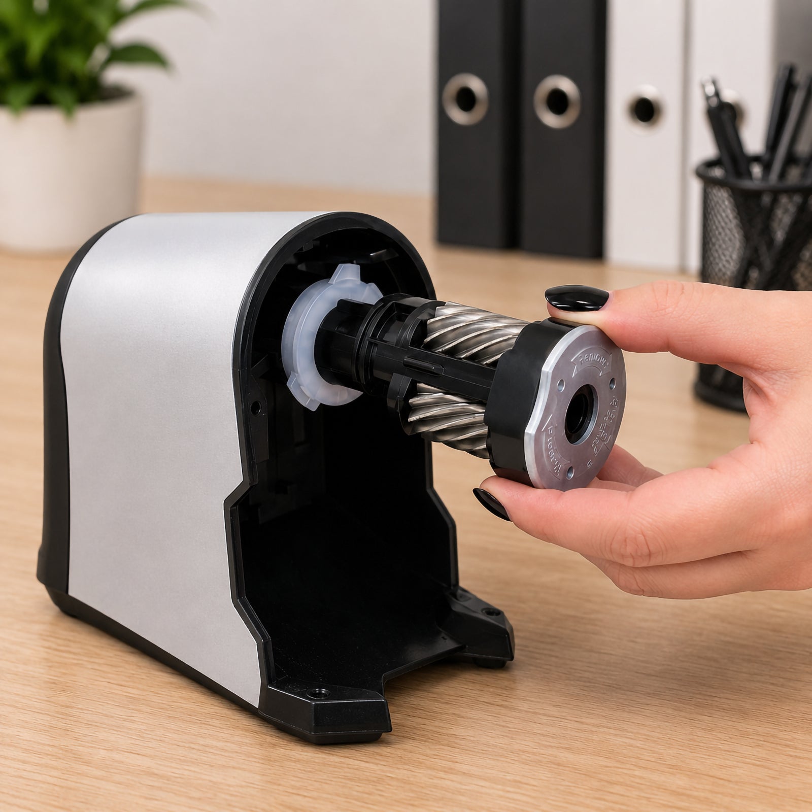 Close up lifestyle image showing a hand removing the genuine Bostitch EPS14K replacement cutter head from the Bostitch SuperPro Glow Commercial Electric Pencil Sharpener. The office desk setting highlights the simple tool free replacement process and durable steel helical cutters designed for fast, professional sharpening performance.