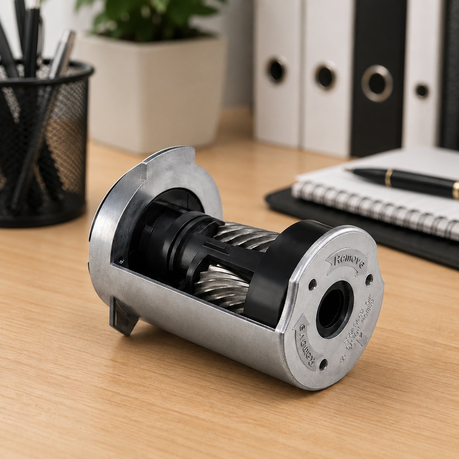 Lifestyle close up of the Bostitch EPS14K replacement cutter head positioned on a modern office desk with notebooks, pens and organisers in the background. The image focuses on the robust steel helical blades and heavy duty construction suitable for commercial environments.