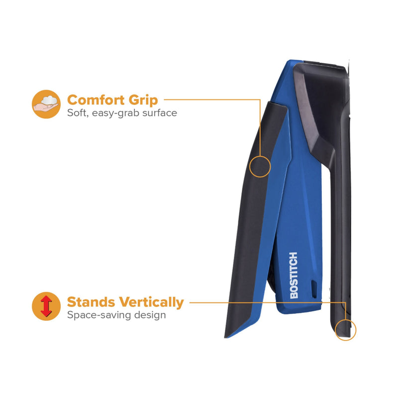 Blue InPower stapler standing on its end, with callouts reading Comfort Grip and Stands Vertically